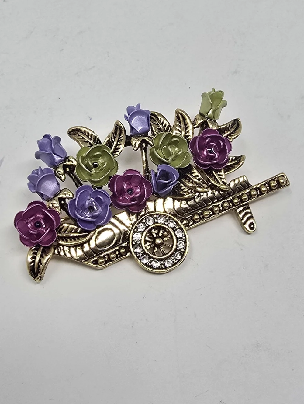 Vtg enamel‎ rhinestone flowers wheelbarrow brooch garden gold tone nature farm